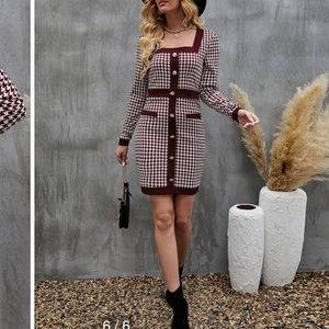 Houndstooth print button front bodycon dress